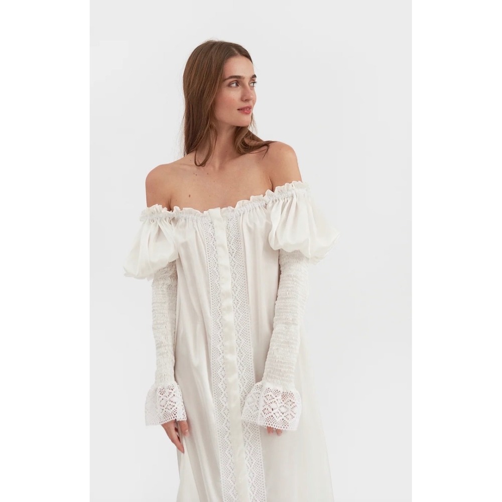 Sleeper White Linen Smocked Sleeve Lace Trim Midi Dress Small Renaissance White